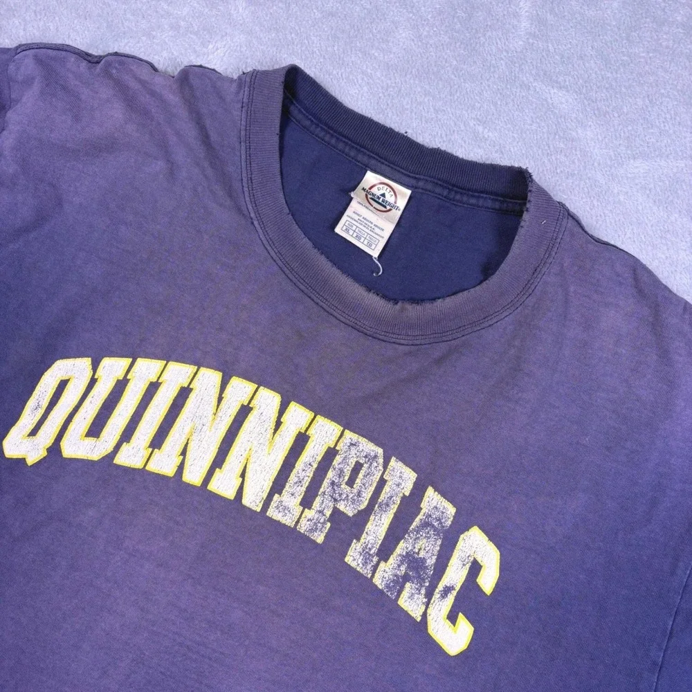 Y2K Vintage Quinnipiac‎ University Long Sleeve Tee XL Faded Distressed Blue